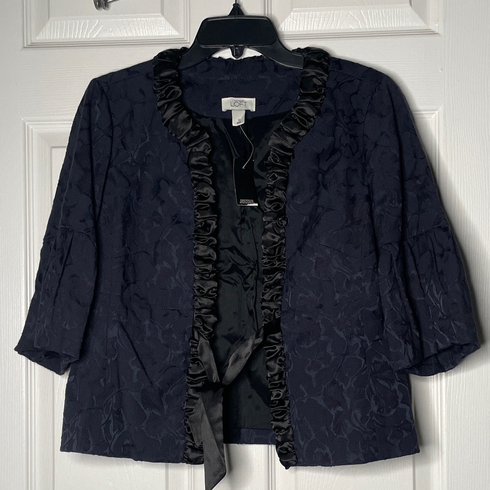 NWT LOFT Navy Textured Short Sleeve Blazer with Black Ruffle Detail